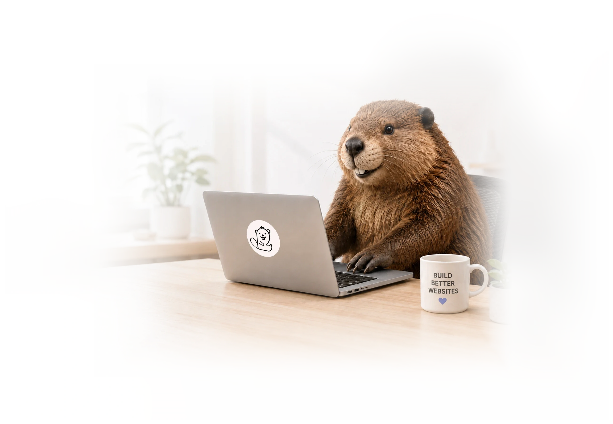 Bóbr przy laptopie na jasnym biurku jako ilustracja usługi Hej Bóbr.